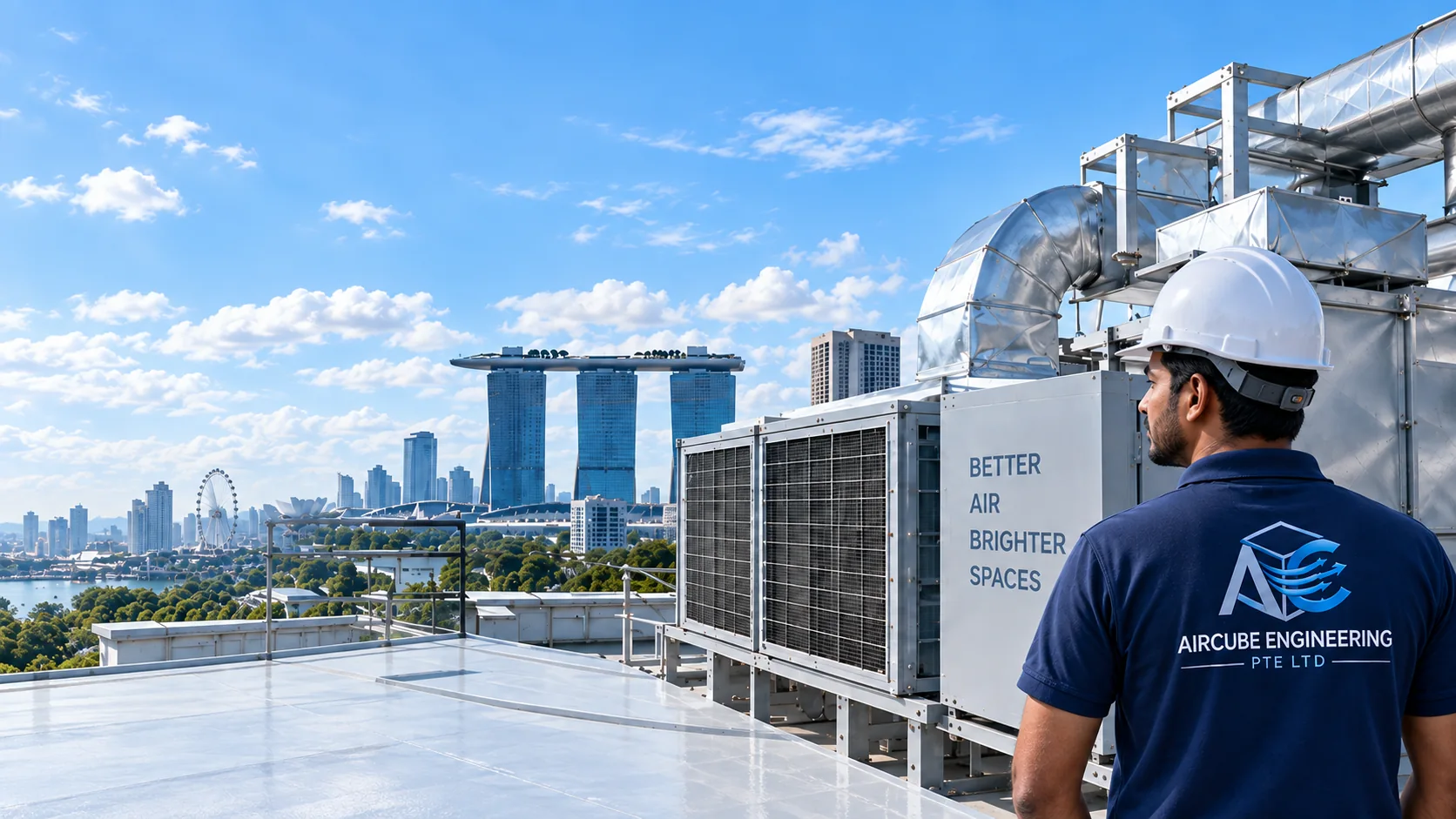 Indian Aircube engineer inspecting rooftop air-conditioning and ventilation equipment in Singapore