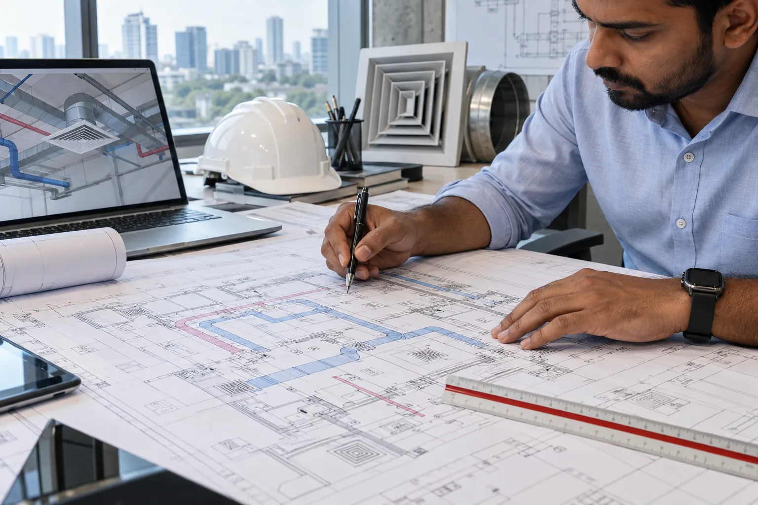 Indian engineer reviewing ACMV plans